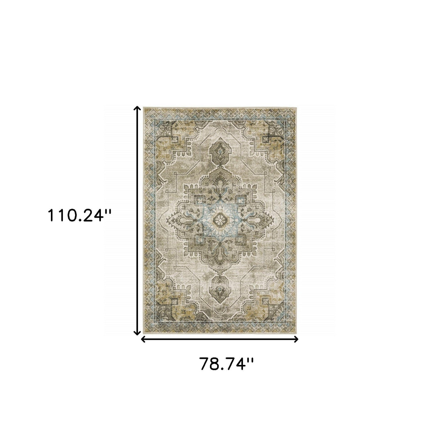 6’ X 9’ Grey Blue Beige And Gold Oriental Power Loom Stain Resistant Area Rug - Area Rugs