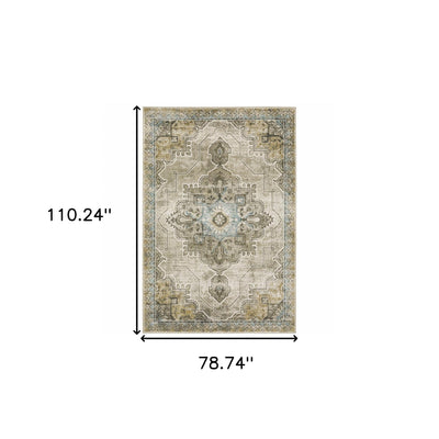 6’ X 9’ Grey Blue Beige And Gold Oriental Power Loom Stain Resistant Area Rug - Area Rugs