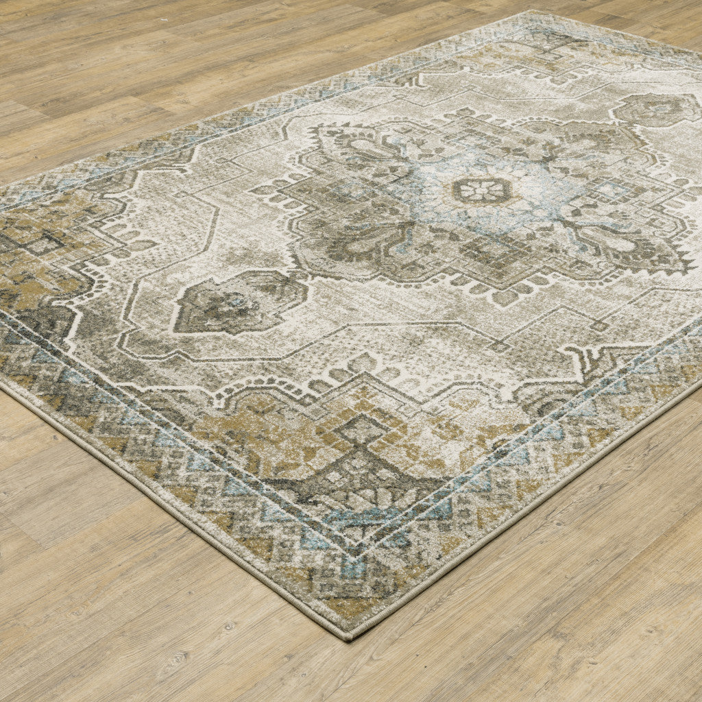 6’ X 9’ Grey Blue Beige And Gold Oriental Power Loom Stain Resistant Area Rug - Area Rugs