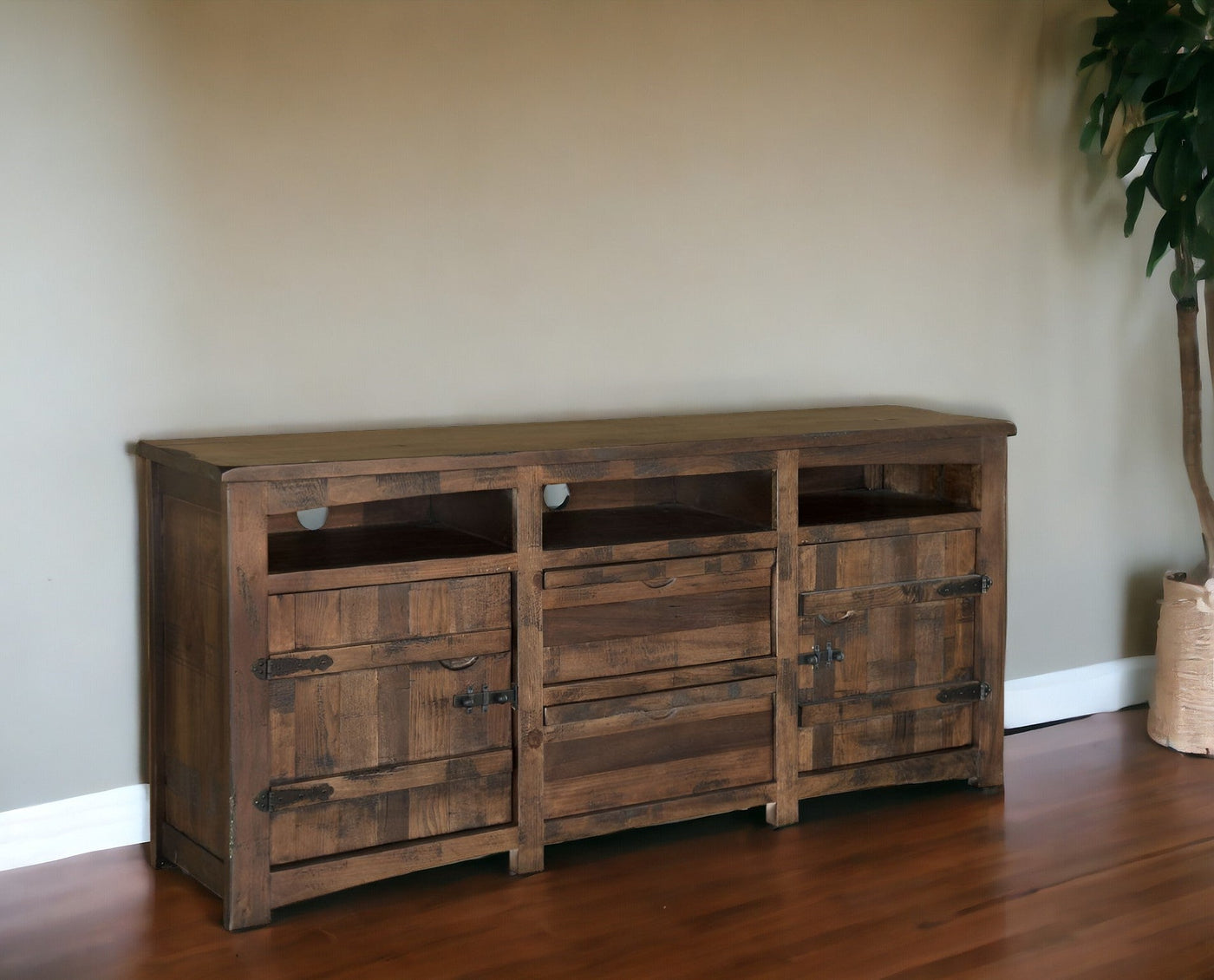 60’ Brown Solid Wood Cabinet Enclosed Storage Distressed TV Stand - TV Stands