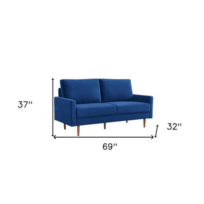 69’ Blue Velvet Sofa With Dark Brown Legs - Sofas