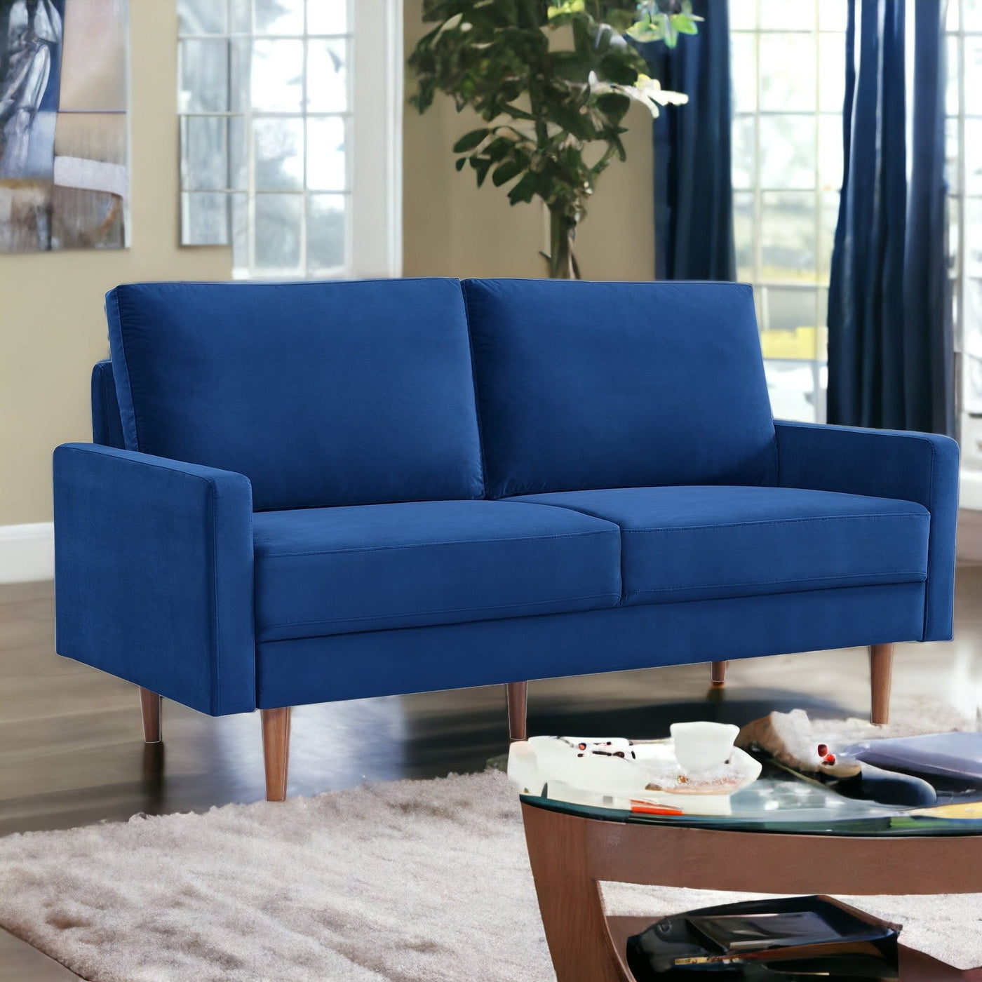 69’ Blue Velvet Sofa With Dark Brown Legs - Sofas