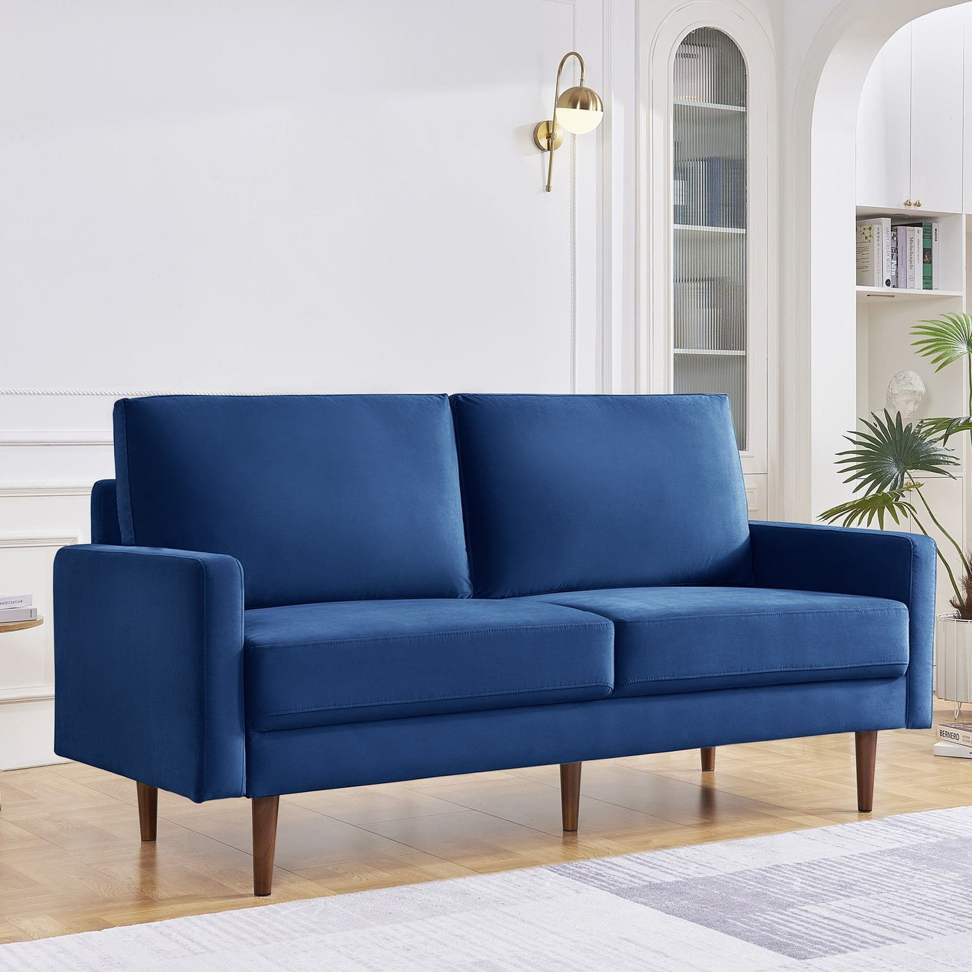 69’ Blue Velvet Sofa With Dark Brown Legs - Sofas