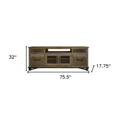 76’’ Brown Solid Wood Cabinet Enclosed Storage Distressed TV Stand - TV Stands