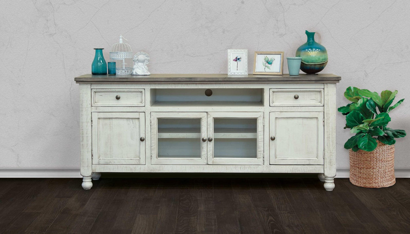 79’’ Ivory Solid Wood Open shelving Distressed TV Stand - TV Stands