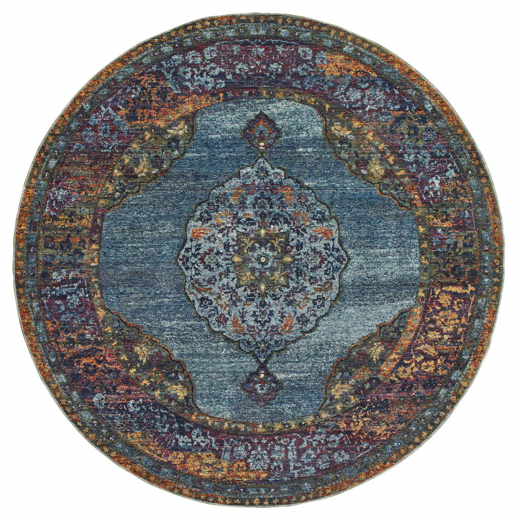 8’ Blue Gold Green Red Orange And Purple Round Oriental Power Loom Stain Resistant Area Rug - Area Rugs