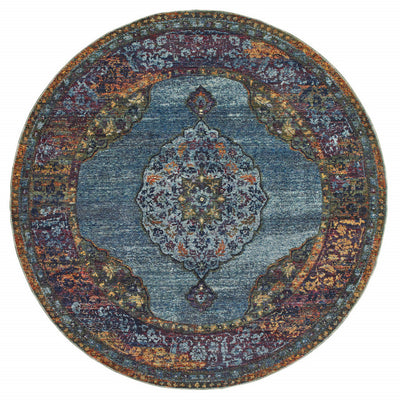 8’ Blue Gold Green Red Orange And Purple Round Oriental Power Loom Stain Resistant Area Rug - Area Rugs