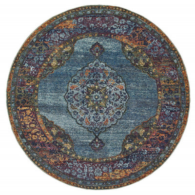 8’ Blue Gold Green Red Orange And Purple Round Oriental Power Loom Stain Resistant Area Rug - Area Rugs