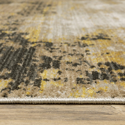 8’ Grey Gold Black Charcoal And Beige Abstract Power Loom Runner Rug With Fringe - Area Rugs