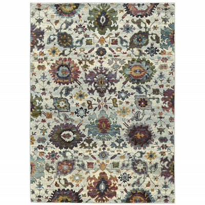 8’ X 10’ Stone Grey Purple Green Gold And Teal Oriental Power Loom Stain Resistant Area Rug - Area Rugs