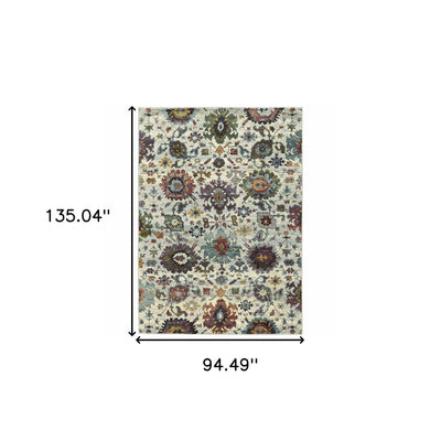 8’ X 10’ Stone Grey Purple Green Gold And Teal Oriental Power Loom Stain Resistant Area Rug - Area Rugs