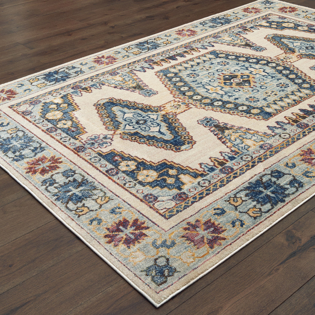 8’ X 11’ Ivory And Blue Oriental Power Loom Stain Resistant Area Rug - Area Rugs