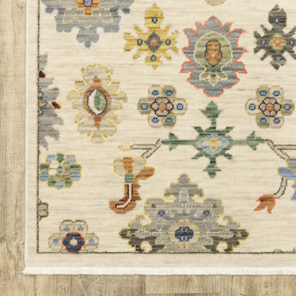 8’ X 11’ Ivory Beige Gold Grey Blue Pink Red Rust And Green Oriental Power Loom Stain Resistant Area Rug