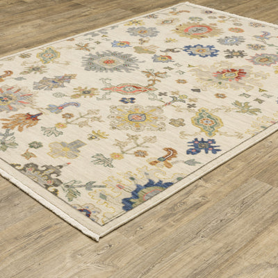 8’ X 11’ Ivory Beige Gold Grey Blue Pink Red Rust And Green Oriental Power Loom Stain Resistant Area Rug