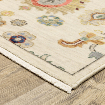 8’ X 11’ Ivory Beige Gold Grey Blue Pink Red Rust And Green Oriental Power Loom Stain Resistant Area Rug