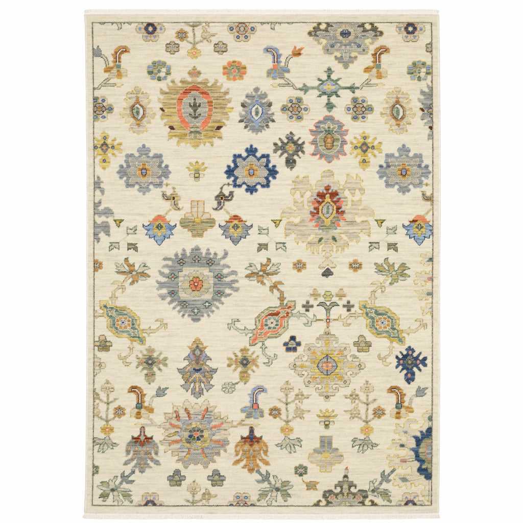 8’ X 11’ Ivory Beige Gold Grey Blue Pink Red Rust And Green Oriental Power Loom Stain Resistant Area Rug