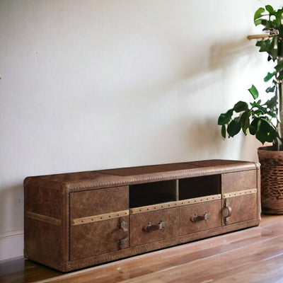 80’ Brown Leather Cabinet Enclosed Storage TV Stand - TV Stands