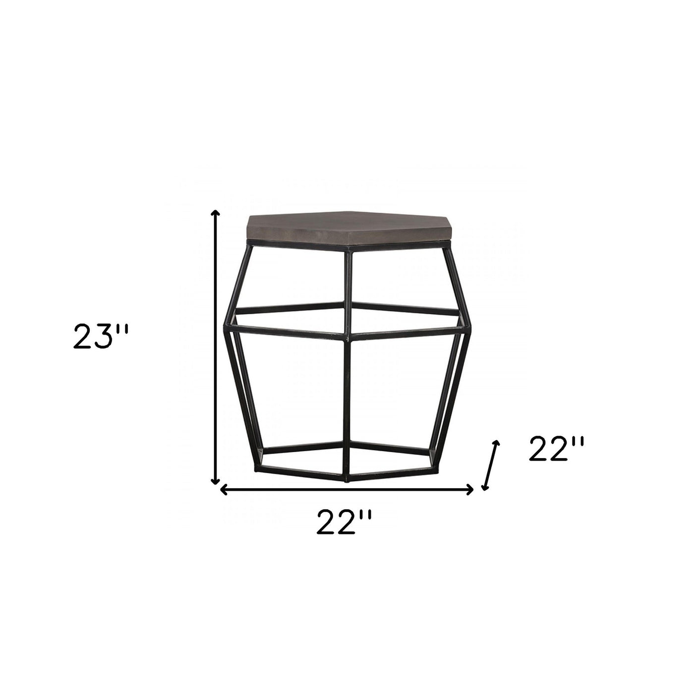 Modern Gray Concrete and Black Metal Hexagonal End Table - End-Side Tables