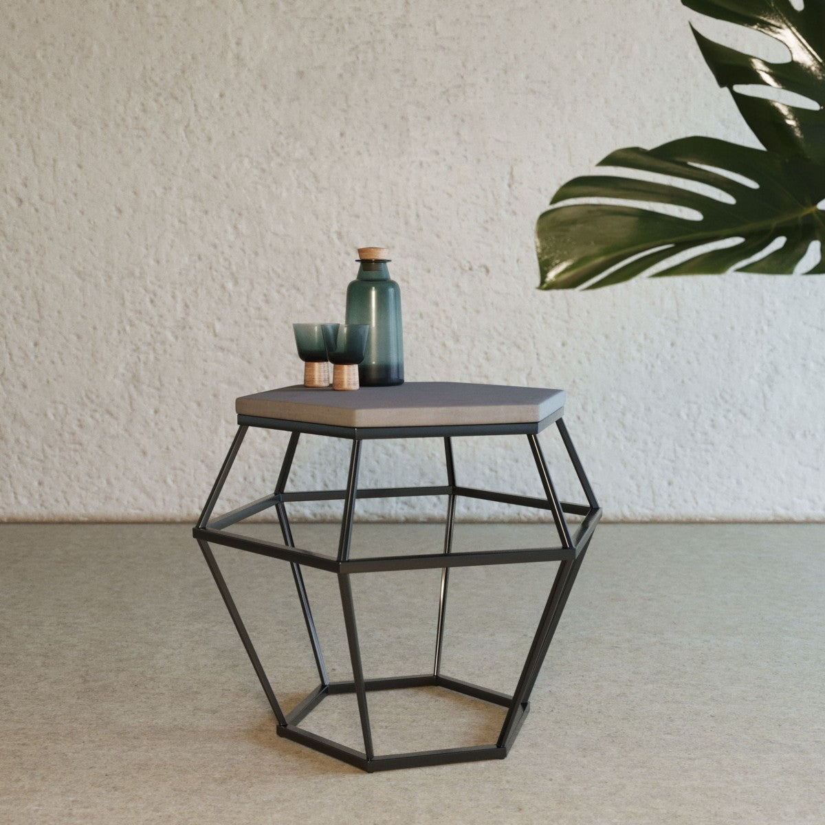 Modern Gray Concrete and Black Metal Hexagonal End Table - End-Side Tables