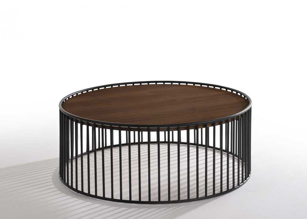 Modern Walnut and Black Metal Rods Round Coffee Table - Coffee Tables