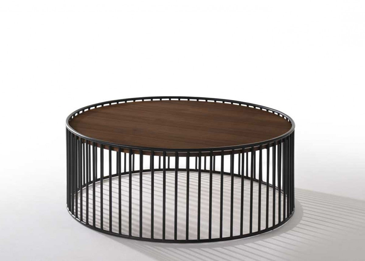 Modern Walnut and Black Metal Rods Round Coffee Table - Coffee Tables