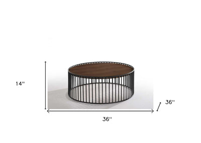 Modern Walnut and Black Metal Rods Round Coffee Table - Coffee Tables