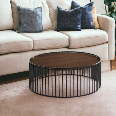 Modern Walnut and Black Metal Rods Round Coffee Table - Coffee Tables