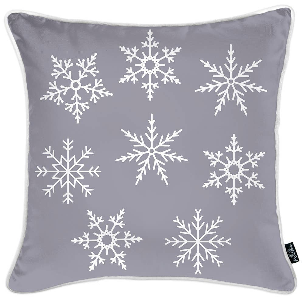 Set of Four Gray and White Christmas Snowflakes Throw Pillow - Accent Throw Pillows