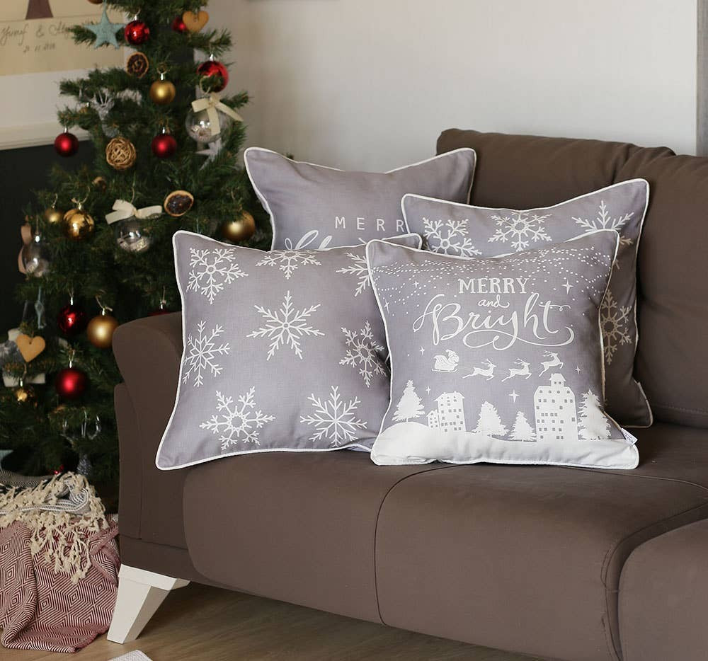 Set of Four Gray Merry Bright Christmas Throw Pillows - Accent Throw Pillows