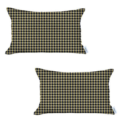 Set of Two 12’ X 20’ Yellow and Black Houndstooth Polyester Zippered Pillow Cover - Accent Throw Pillows