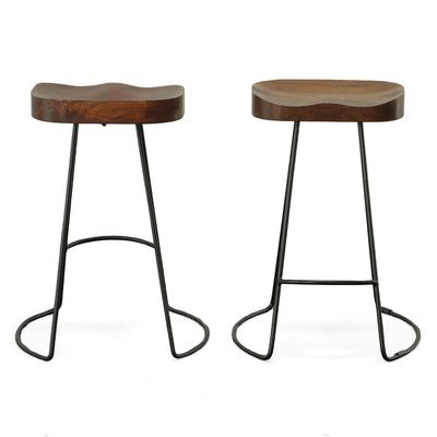Set of Two 25’ Chestnut And Black Steel Backless Counter Height Bar Chairs - Bar Chairs