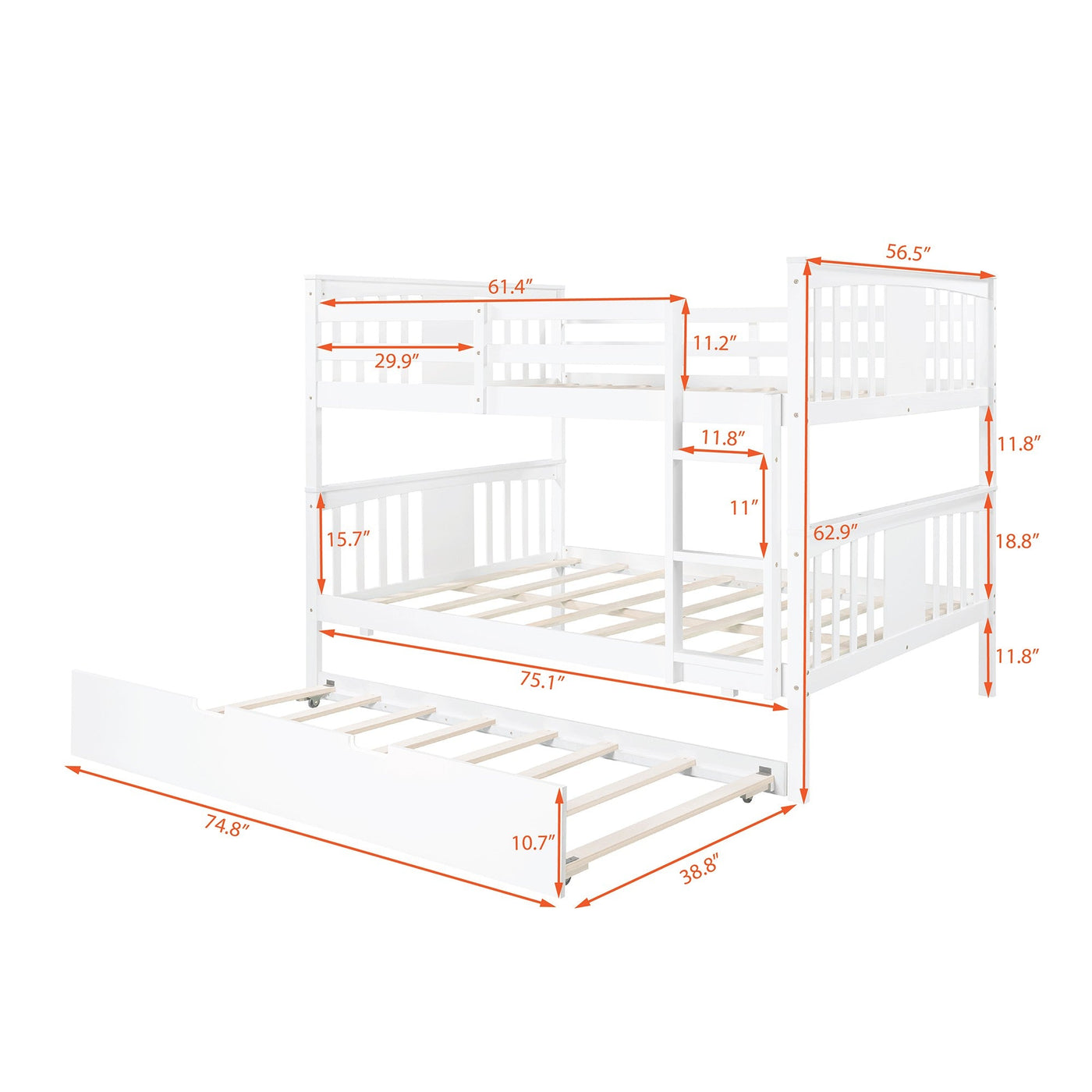 White Double Full Size Over Twin Trundle Bunk Bed - Bunk Beds