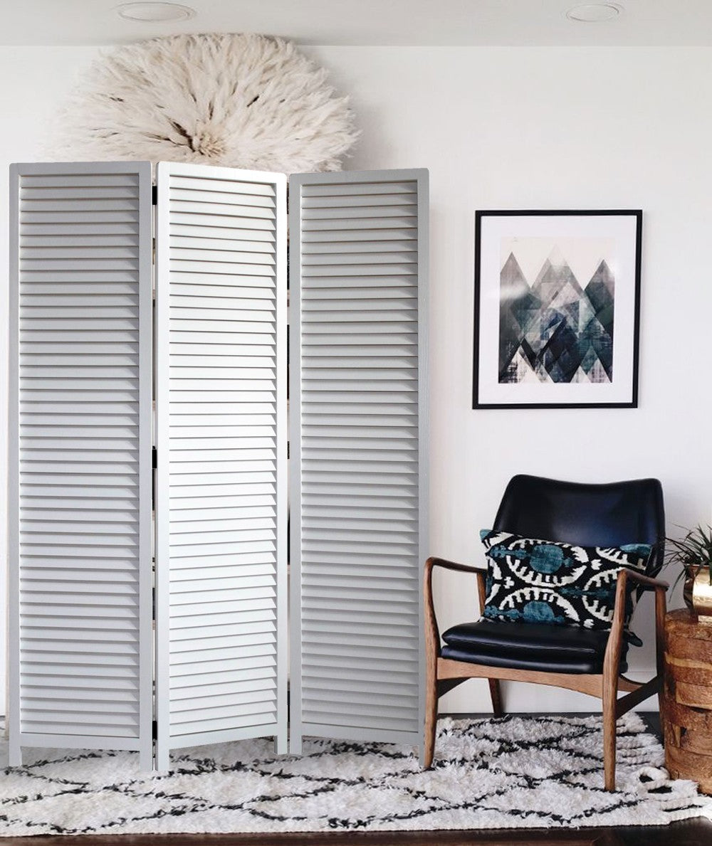 White Louvered Three Panel Room Divider Screen - Room Dividers