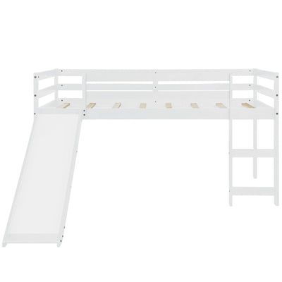 White Low Loft Bed With Slide - Loft Beds