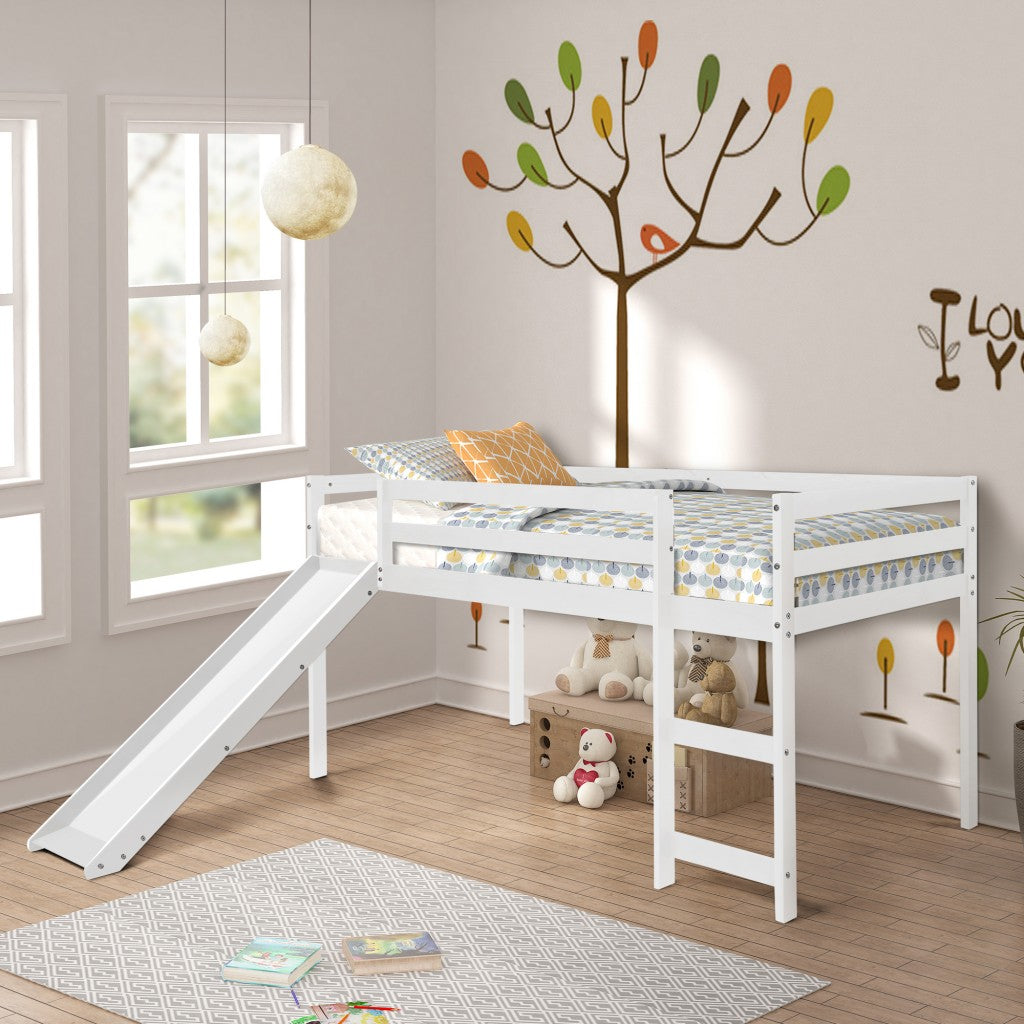 White Low Loft Bed With Slide - Loft Beds