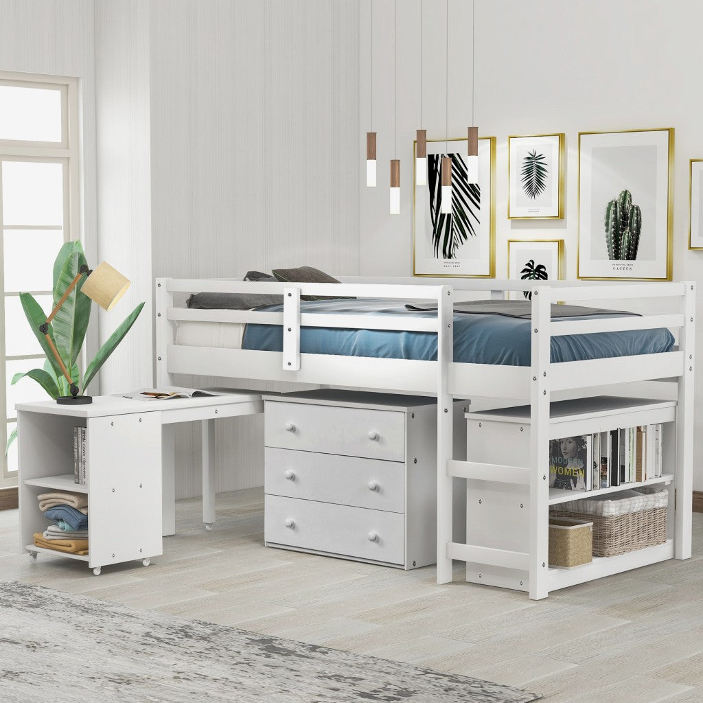 White Low Twin Loft Bed With Cabinet and Desk - Loft Beds