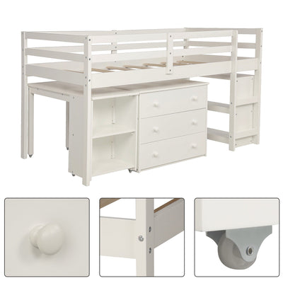 White Low Twin Loft Bed With Cabinet and Desk - Loft Beds