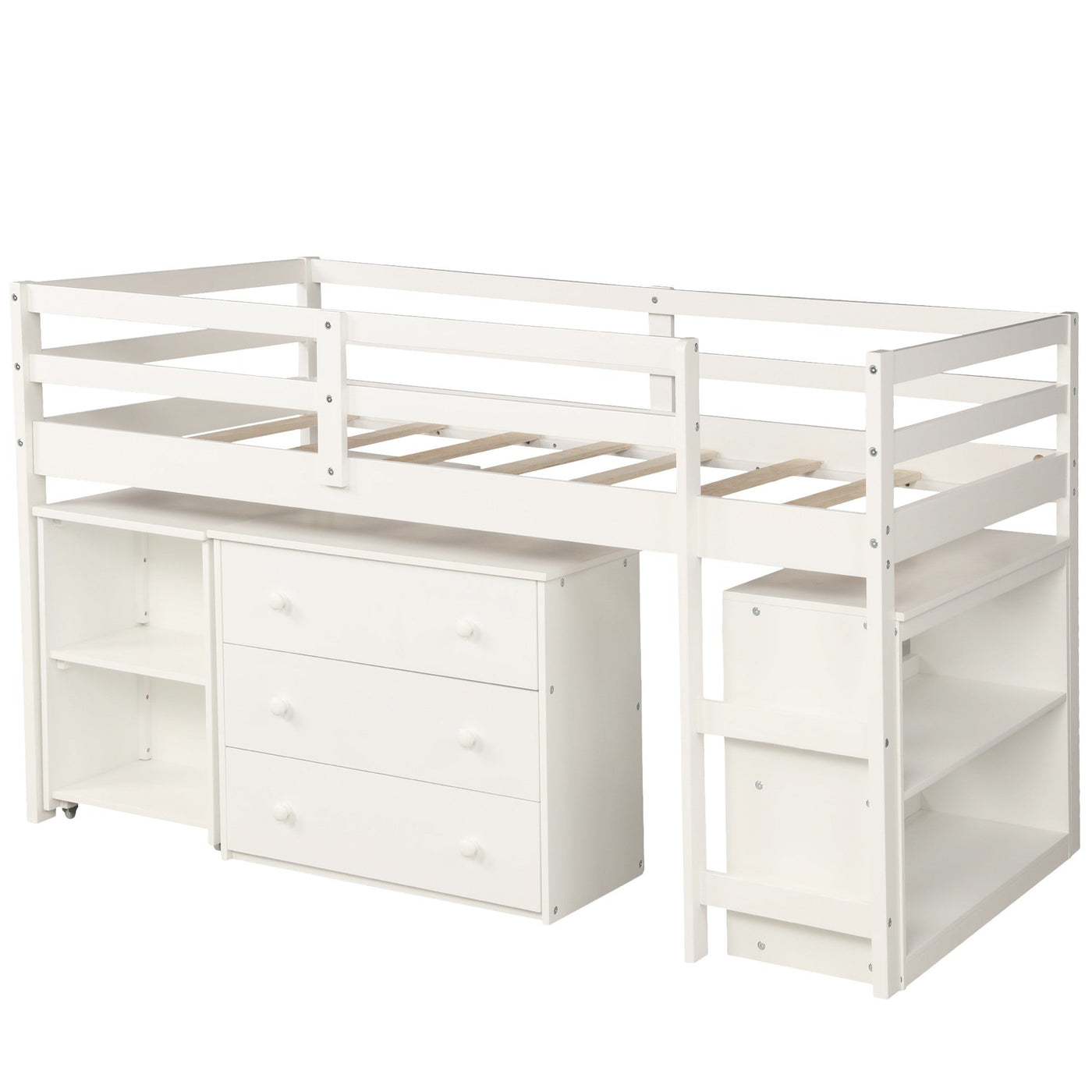 White Low Twin Loft Bed With Cabinet and Desk - Loft Beds