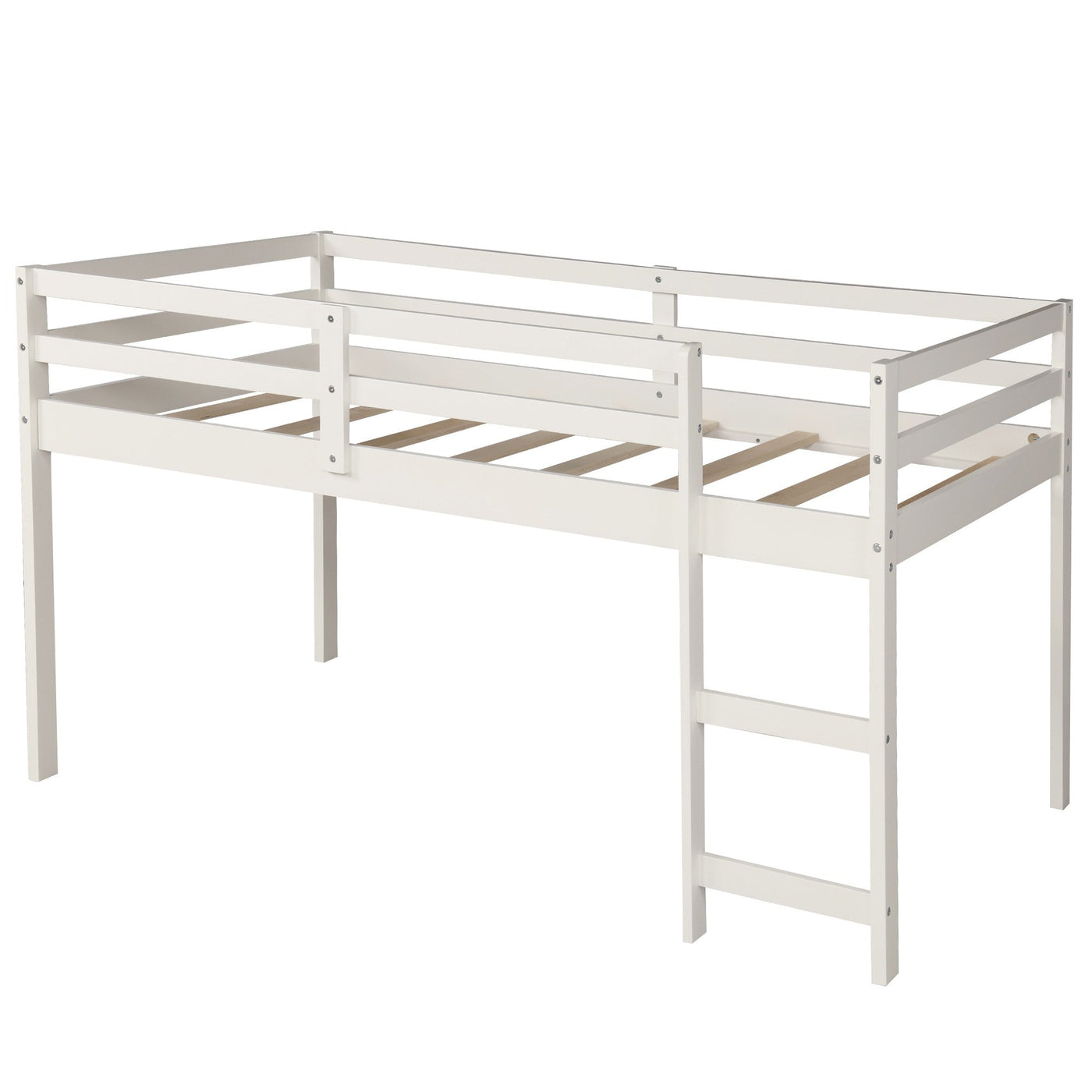 White Low Twin Loft Bed With Cabinet and Desk - Loft Beds