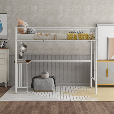 White Metal Twin Size Loft Bed with Desk - Loft Beds