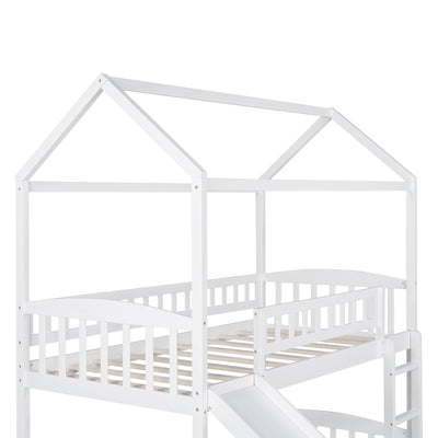 White Playhouse Frame Full Over Full Perpendicular Bunk Bed with Slide - Bunk Beds