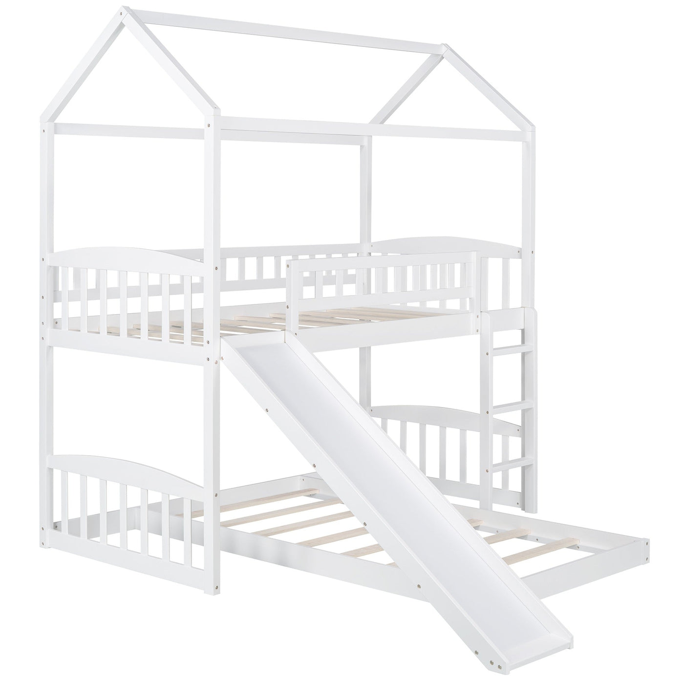 White Playhouse Frame Full Over Full Perpendicular Bunk Bed with Slide - Bunk Beds