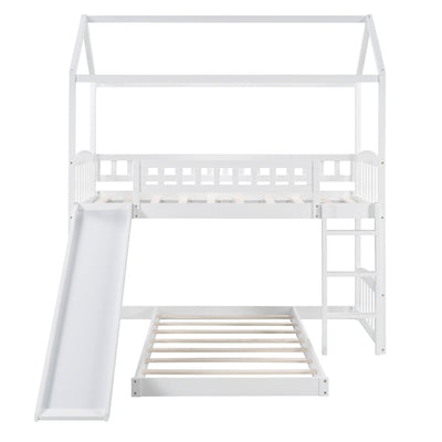 White Playhouse Frame Full Over Full Perpendicular Bunk Bed with Slide - Bunk Beds