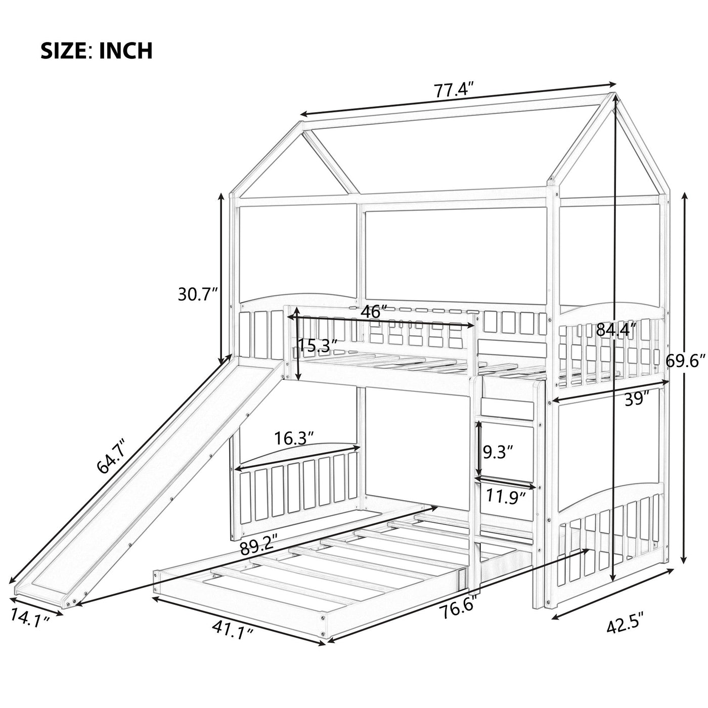 White Playhouse Frame Full Over Full Perpendicular Bunk Bed with Slide - Bunk Beds