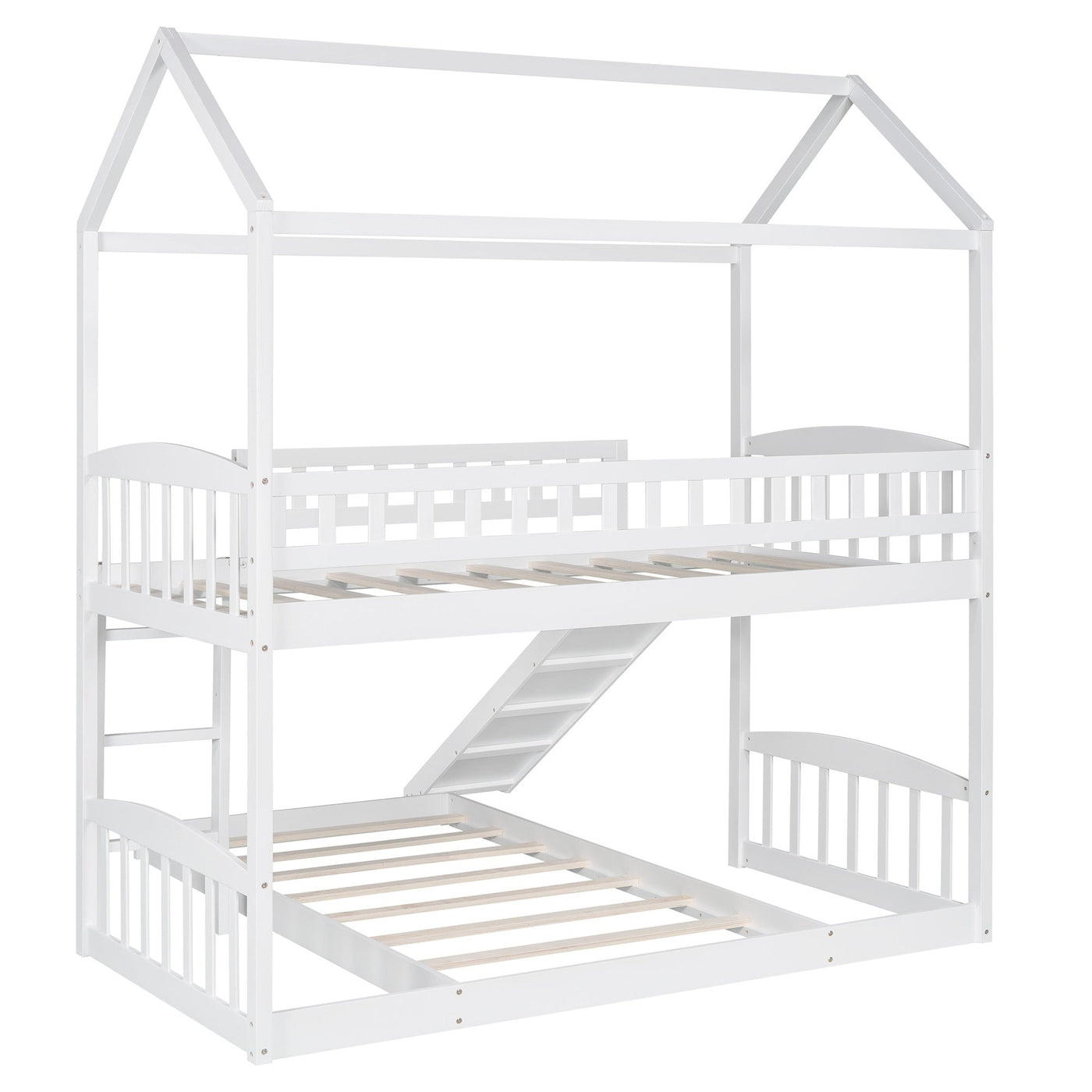 White Playhouse Frame Full Over Full Perpendicular Bunk Bed with Slide - Bunk Beds