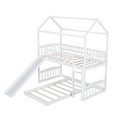 White Playhouse Frame Full Over Full Perpendicular Bunk Bed with Slide - Bunk Beds