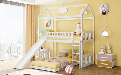 White Playhouse Frame Full Over Full Perpendicular Bunk Bed with Slide - Bunk Beds