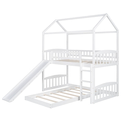 White Playhouse Frame Full Over Full Perpendicular Bunk Bed with Slide - Bunk Beds