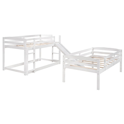 White Triple Bunk Twin Sized Bed with Slide - Bunk Beds