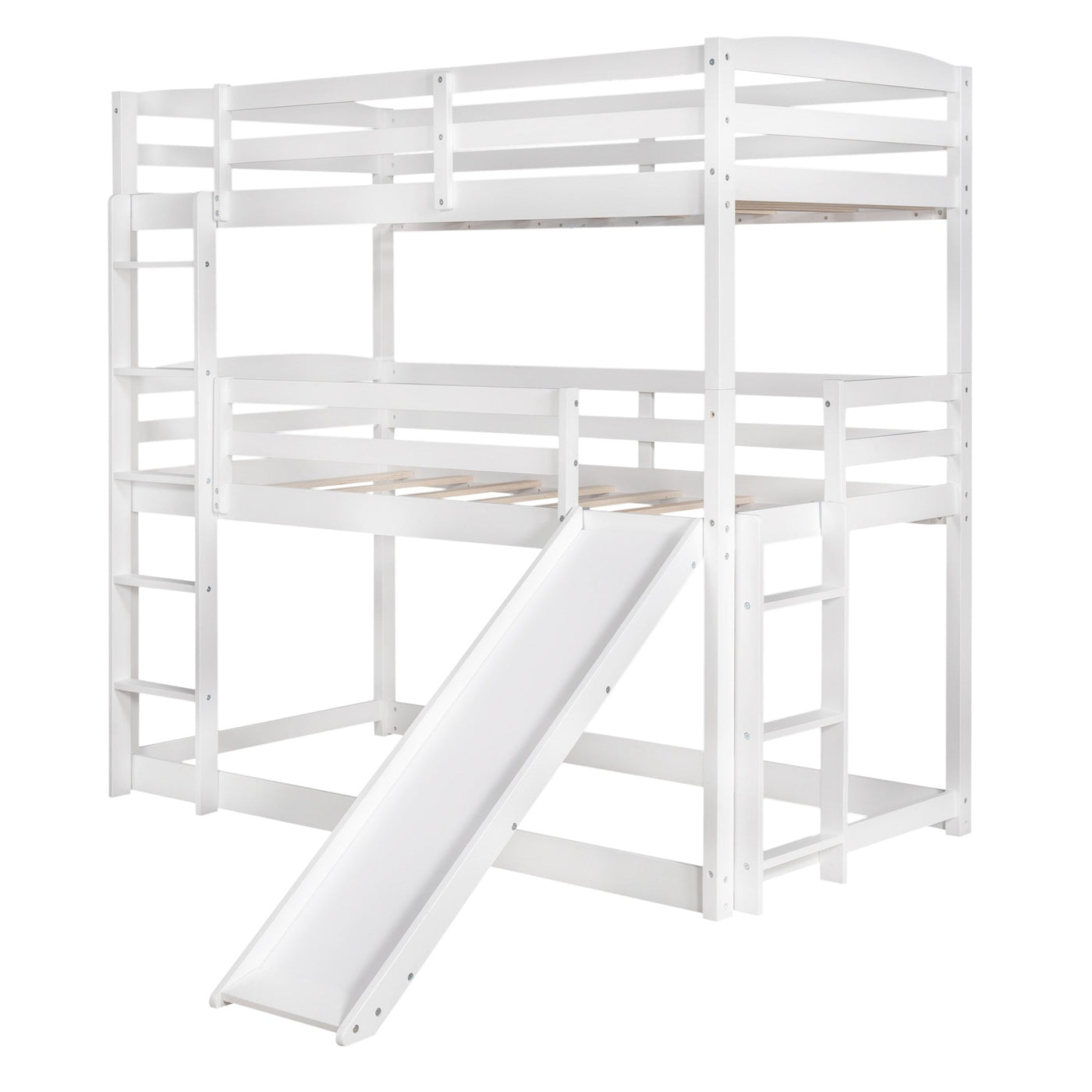 White Triple Bunk Twin Sized Bed with Slide - Bunk Beds